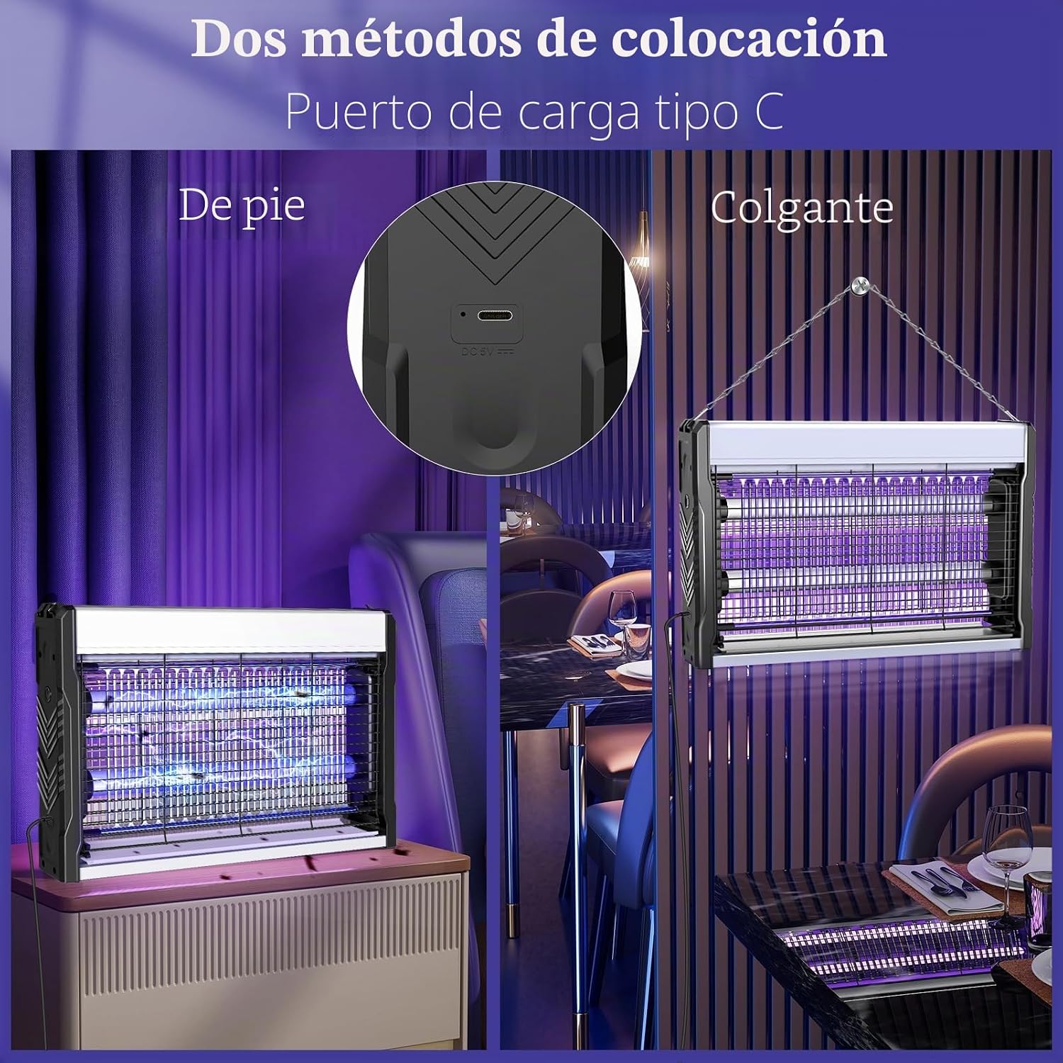 Detalle 2 de PALONE Lámpara Antimosquitos 3200V USB — Mata Mosquitos Eléctrico 2 UV LED para Pared con Colgante