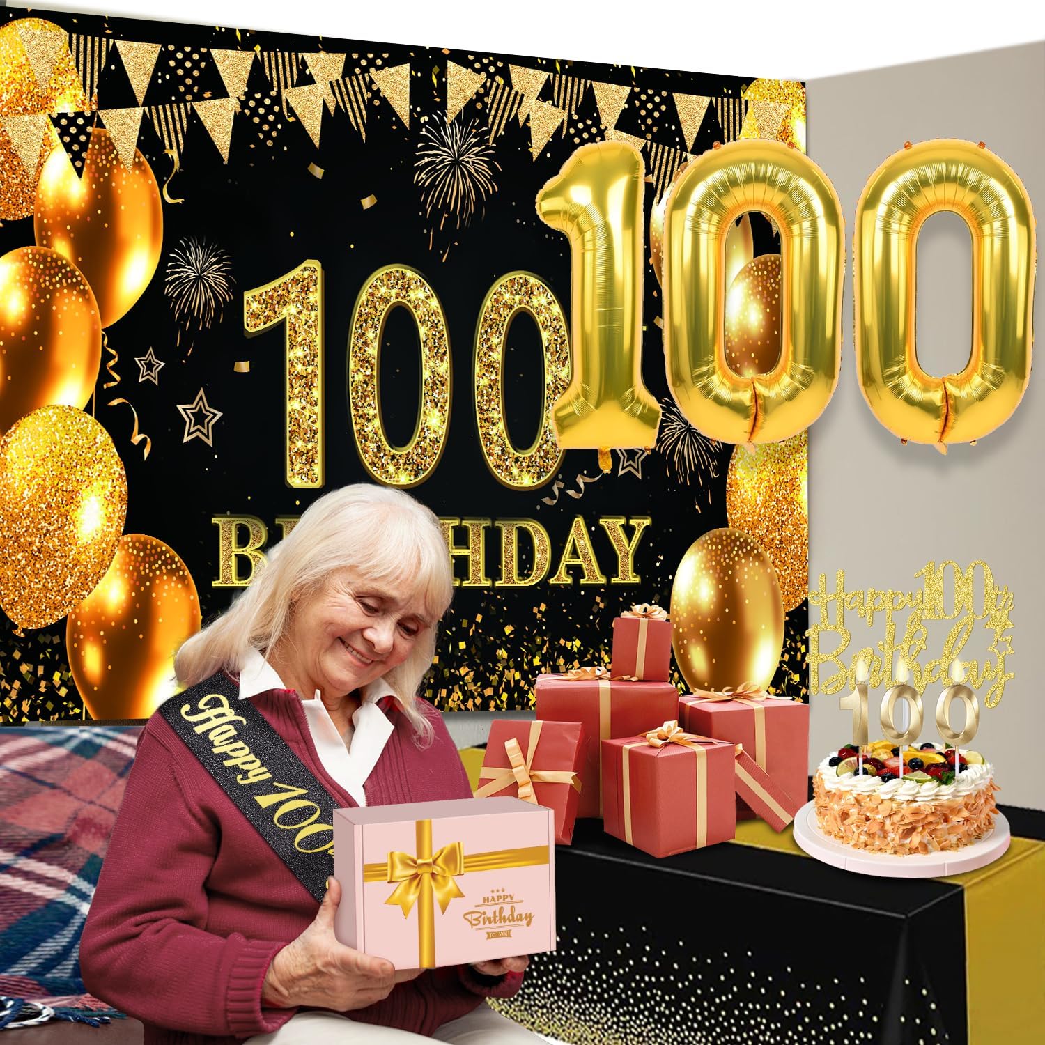 Detalle 2 de 100th Birthday Decorations Set for Men and Women – Black and Gold Milestone Party Kit