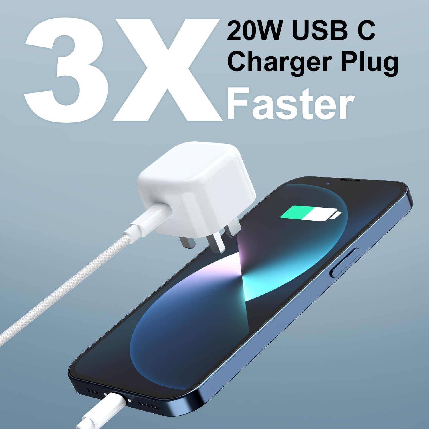Thumbnail 1 de iPhone 15/16/17 Fast Charger with 20W USB‑C Plug and 2m Nylon Cable (UK Plug)