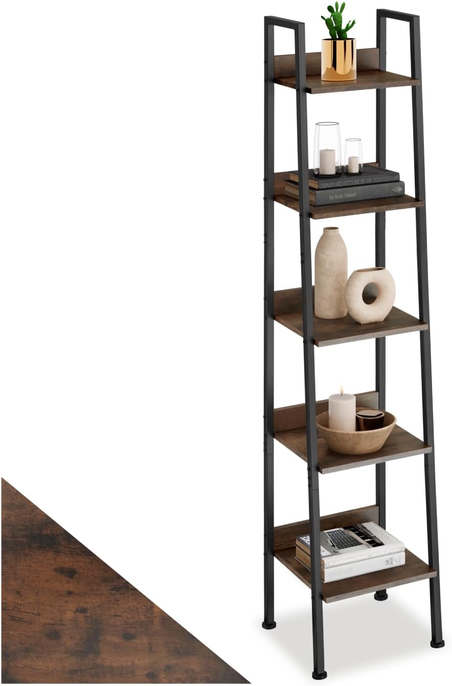 Detalle de tectake Ladderrek met 5 planken, donkerbruin en zwart staal, 170,5 cm hoog