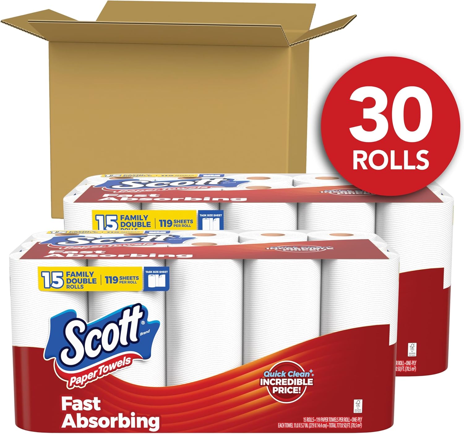 Thumbnail 1 de Scott Paper Towels, Task Size, 30 Family Double Rolls (119 Sheets per Roll)