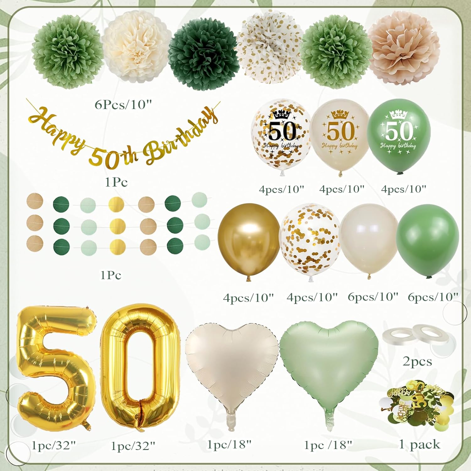 Detalle de 50th Birthday Decoration for Women and Men – Green & Gold Balloons Set (Reusable)