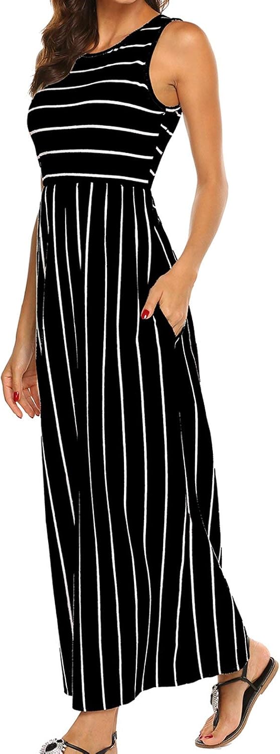 Detalle de BDTECAOR Maxikleid Damen Sommer Boho ärmellos mit Taschen – tanktopartiges Strandkleid mit elastischem Bund