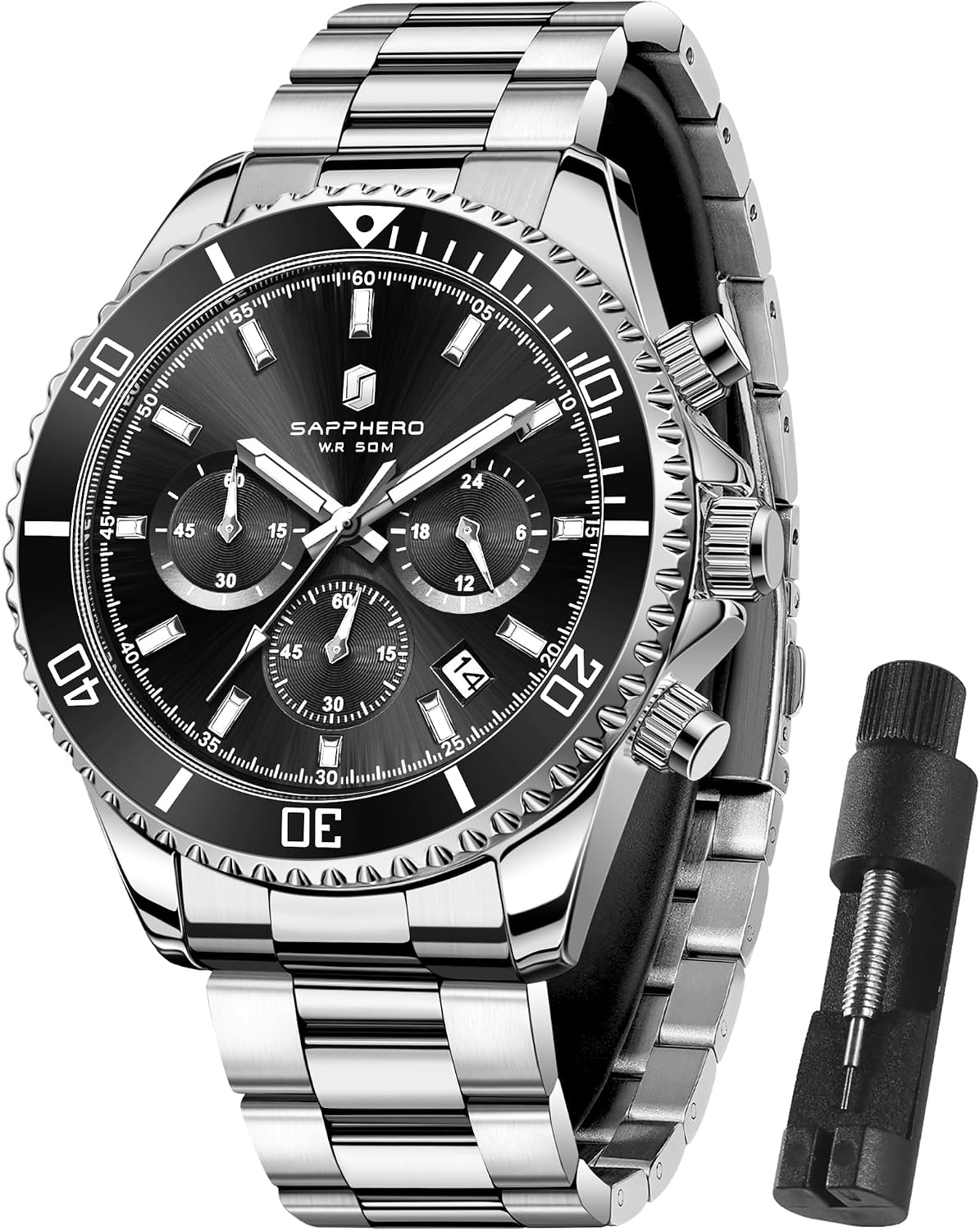 Detalle de SAPPHERO Herrenuhr Chronograph Analog Quarz – Edelstahl, 50 m Wasserfest, Kalender, 42 mm