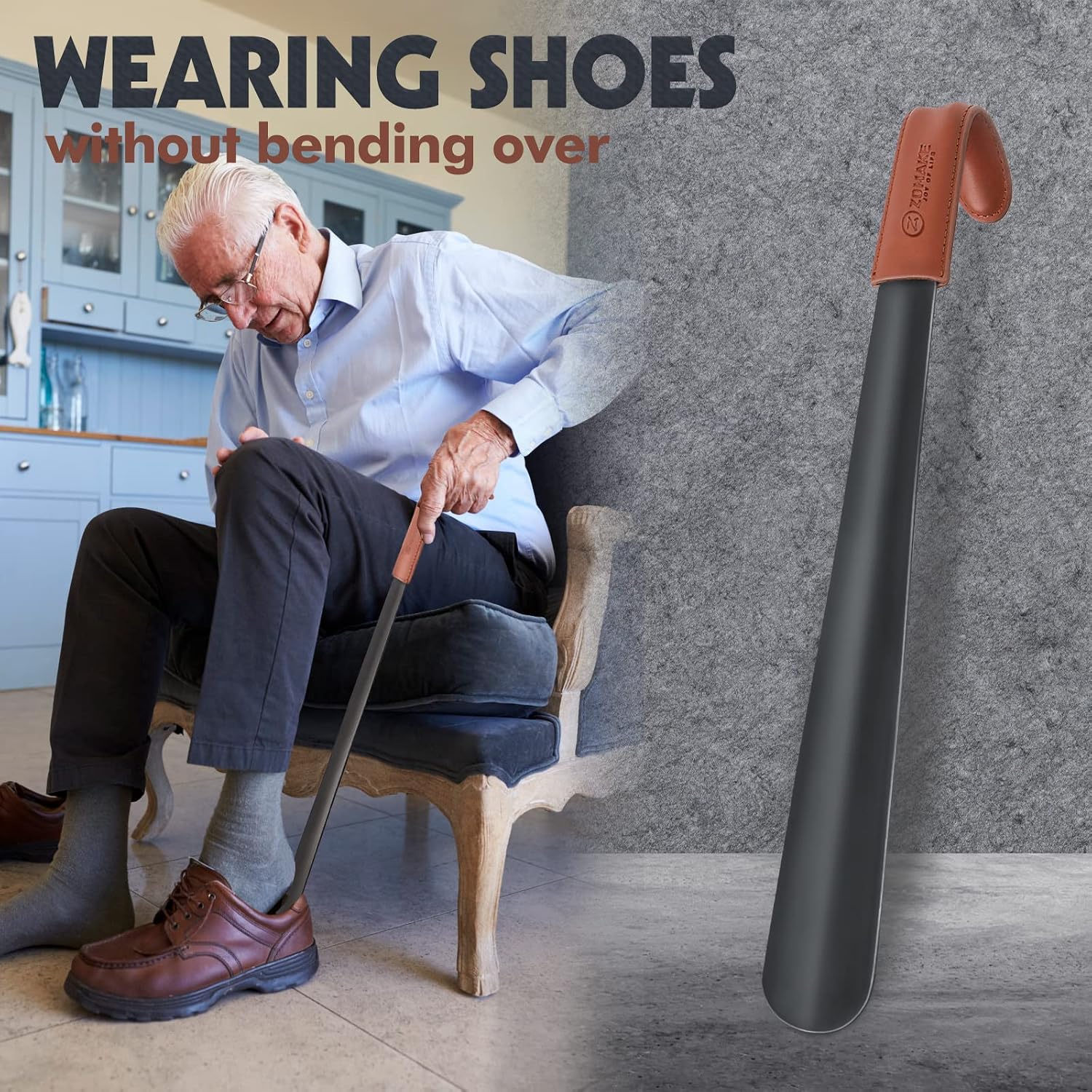Detalle de ZOMAKE long-handled shoe horn (42cm) with leather handle