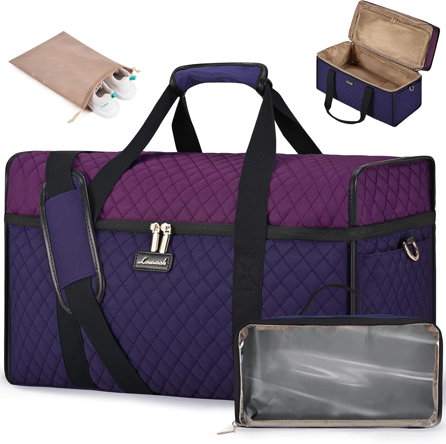 Detalle de LOVEVOOK 53 x 24 x 32cm Travel Bags for Women – 180° opening maternity duffel & cabin holdall with shoe pocket