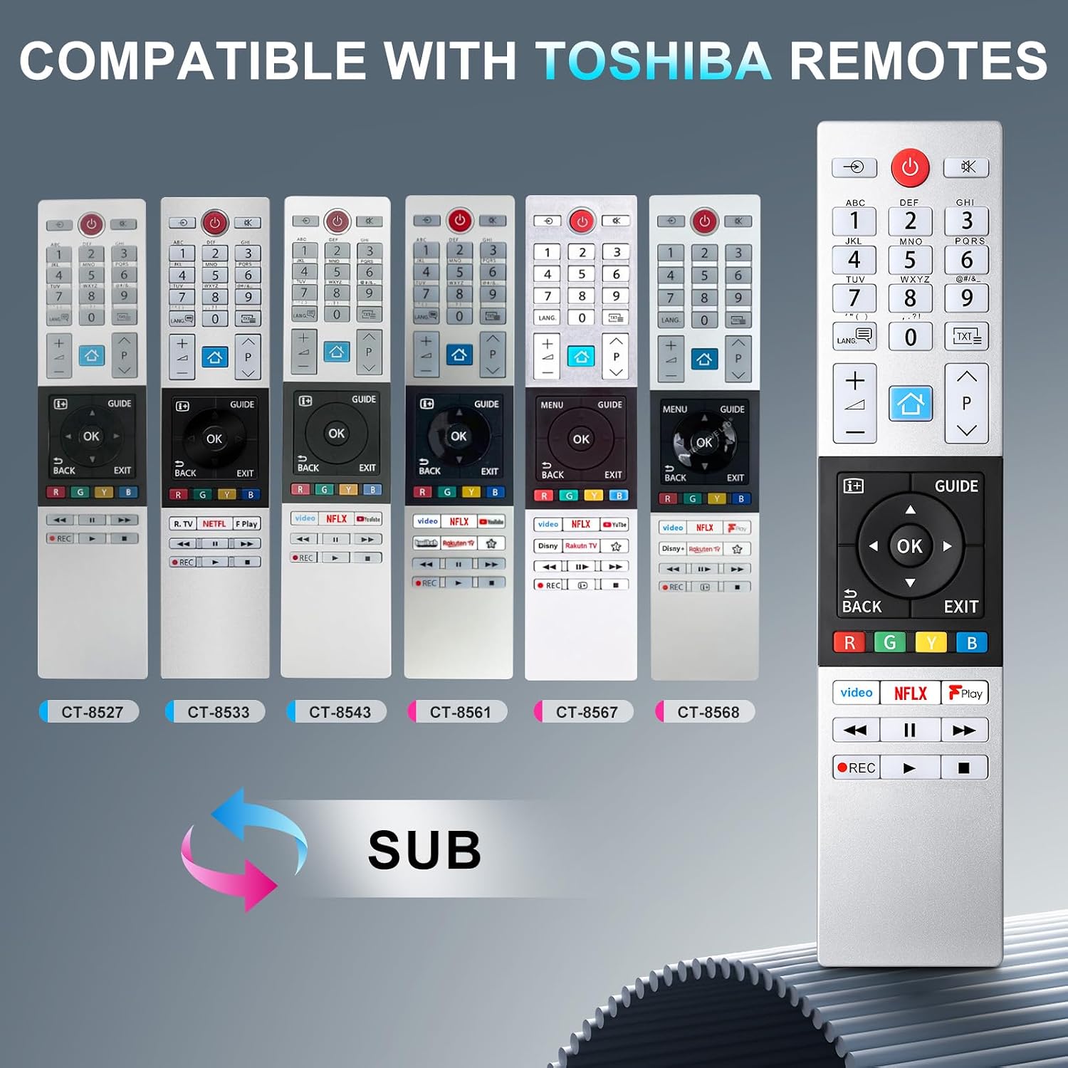 Thumbnail 1 de CT-8541 Toshiba TV Remote Control – Universal Replacement for CT-8527, CT-8533, CT-8543, CT-8561, CT-8567, CT-8568