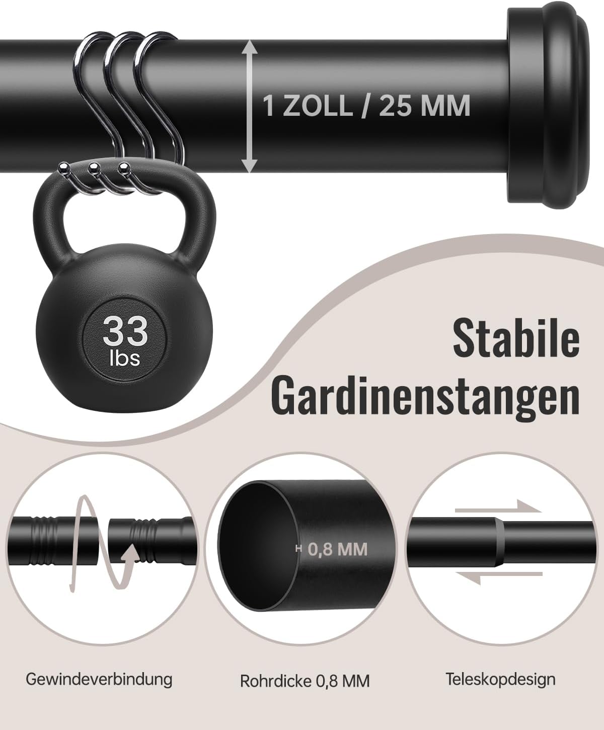 Thumbnail 2 de DEFYNEE Tringle à rideaux extensible noire 80-183 cm (diamètre 25 mm) avec supports