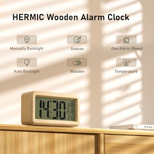 Detalle de Reloj despertador digital de madera HERMIC con pantalla LCD grande y funciones inteligentes