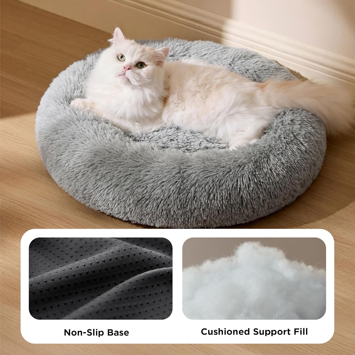 Detalle de Bedsure Plush Round Cat Bed (50x50x13cm) – Soft, washable, light grey