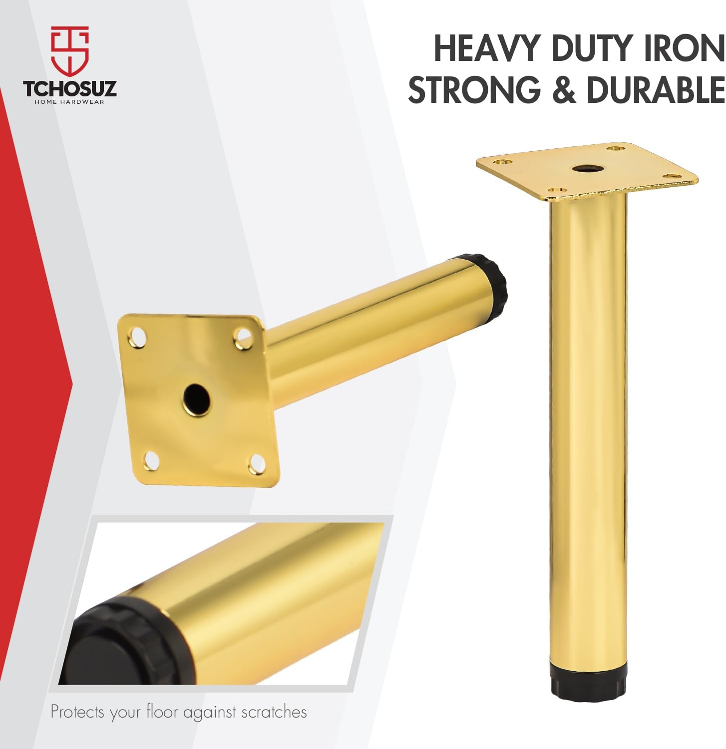 Thumbnail 2 de TCHOSUZ 4 inch Adjustable Metal Furniture Legs (Pack of 8) – Round Gold Iron, Heavy Duty DIY Replacement Feet
