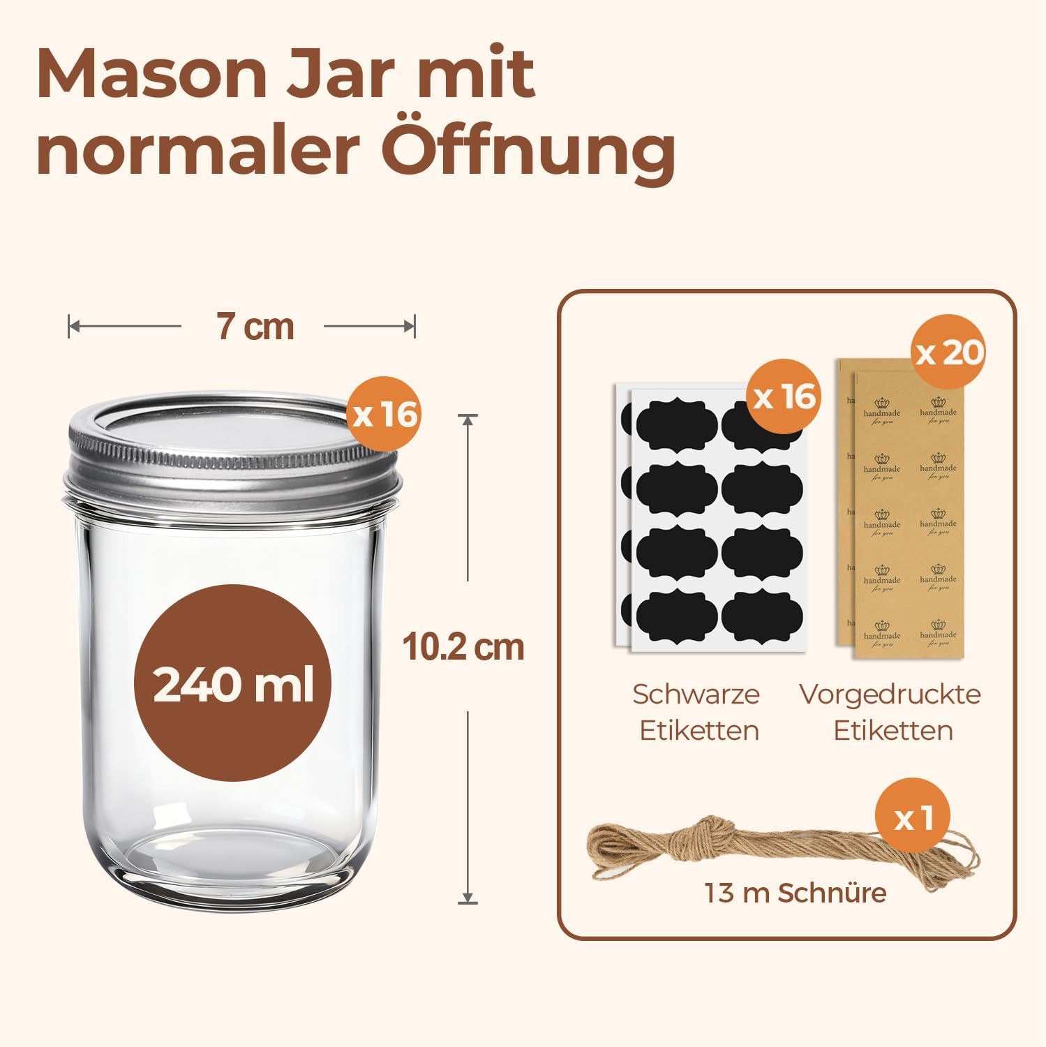 Detalle 2 de ComSaf 240 ml Einmachgläser mit Deckel – 16 Stück Mason Jars zur Vorratshaltung, inkl. Etiketten und Hanfband