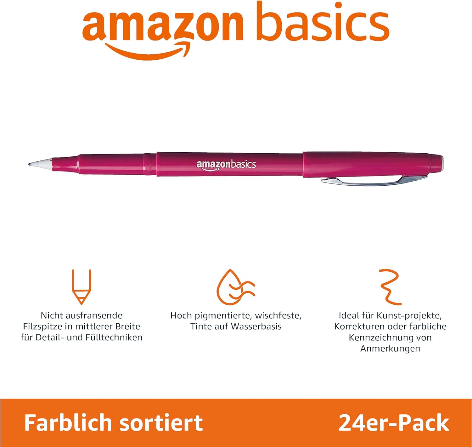 Detalle de Amazon Basics Filzstifte, 24er-Set, Mehrfarbig – hohe Pigmentierung, wasserbasierte Tinte