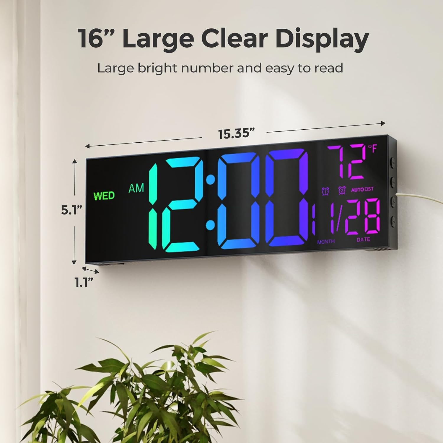 Detalle 2 de GOLOZA 16-inch Digital Wall Clock with Remote, Dual Alarms and 8 Display Colours