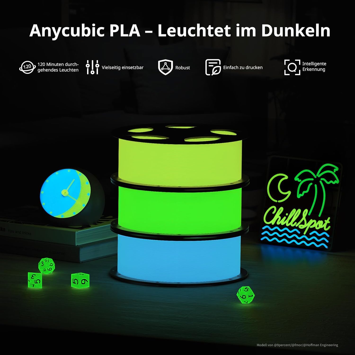 Thumbnail 1 de ANYCUBIC PLA Leuchtet Filament (Glow in the Dark), 1 kg Spule – blau im Dunkeln, mit intelligenter Identifikation