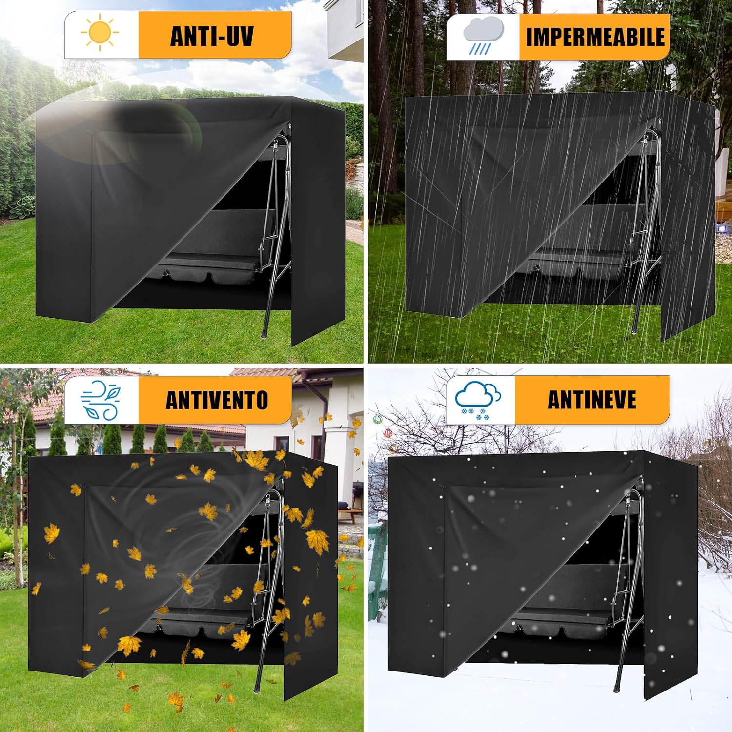 Detalle de Copertura per dondolo da giardino Impermeabile 3 posti 600D Oxford – Nera, 220x150x150 cm