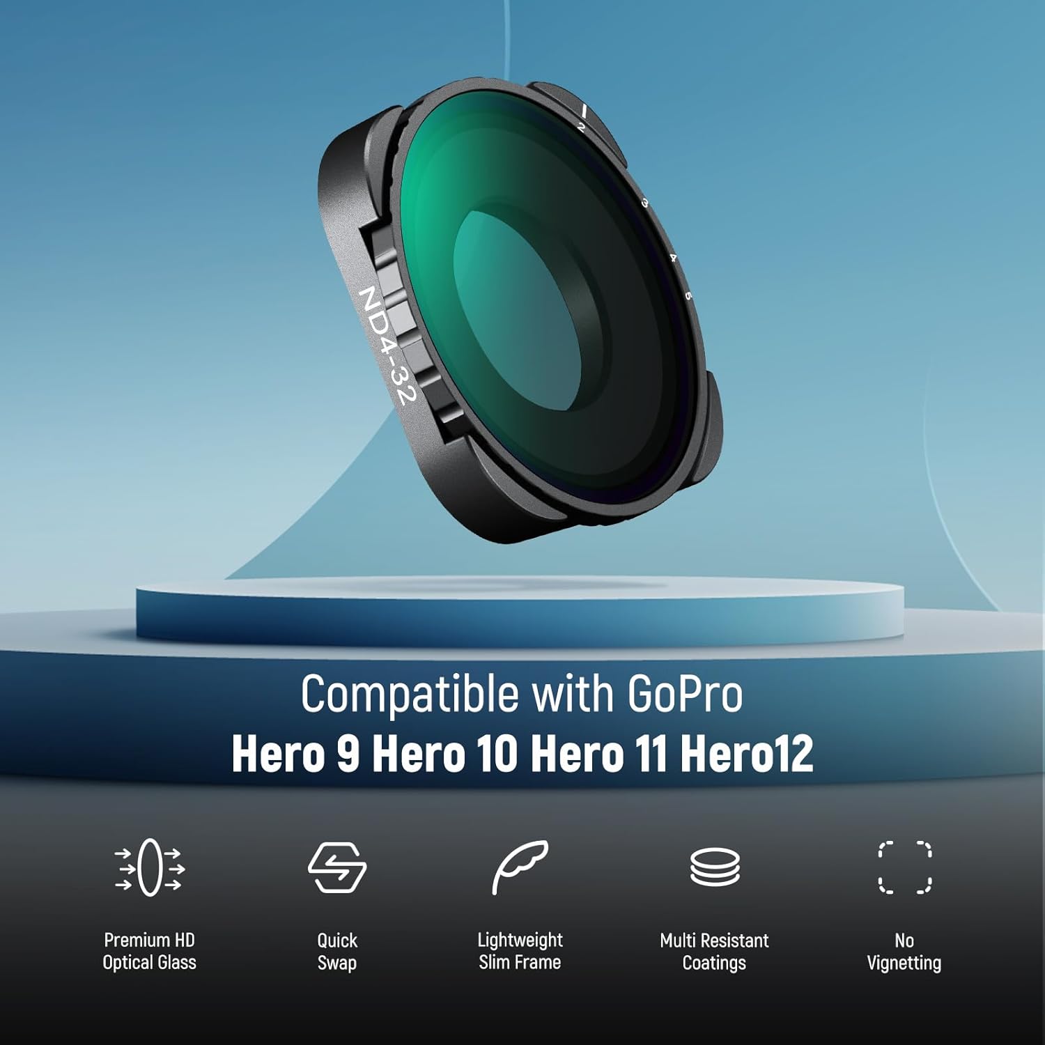 Thumbnail 1 de NEEWER Variabler ND Filter für GoPro Hero 13/12/11/10/9 (ND4–32, 2–5 Stops) – aufschraubbares Graugläs