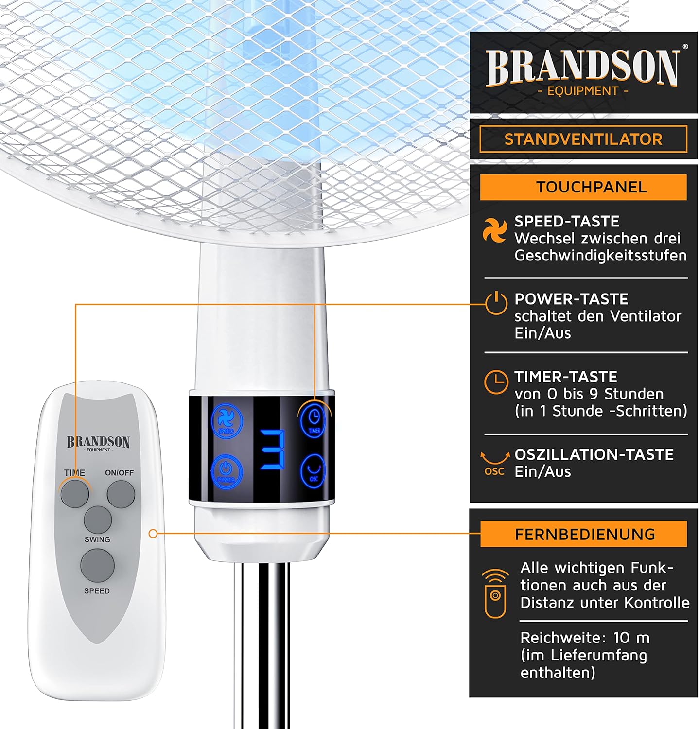 Thumbnail 4 de Brandson Standventilator mit Fernbedienung, 50 W, 125 cm Höhe – leiser 3-Stufen-Ventilator mit Oszillation