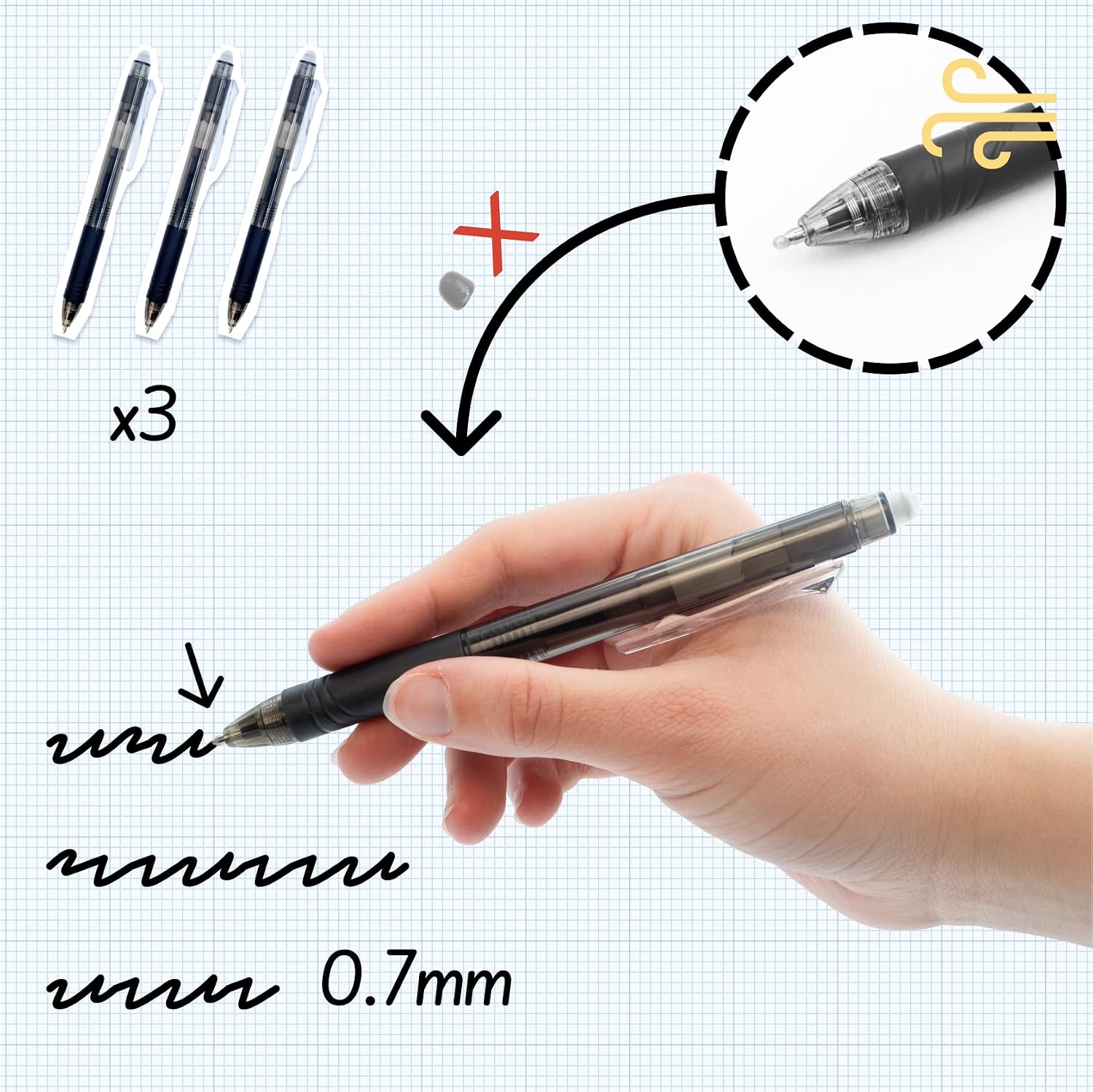 Detalle 2 de RAYLU PAPER® Penne cancellabili retrattili 3 pezzi, inchiostro ibrido nero, tratto 0,7 mm, punta 1 mm