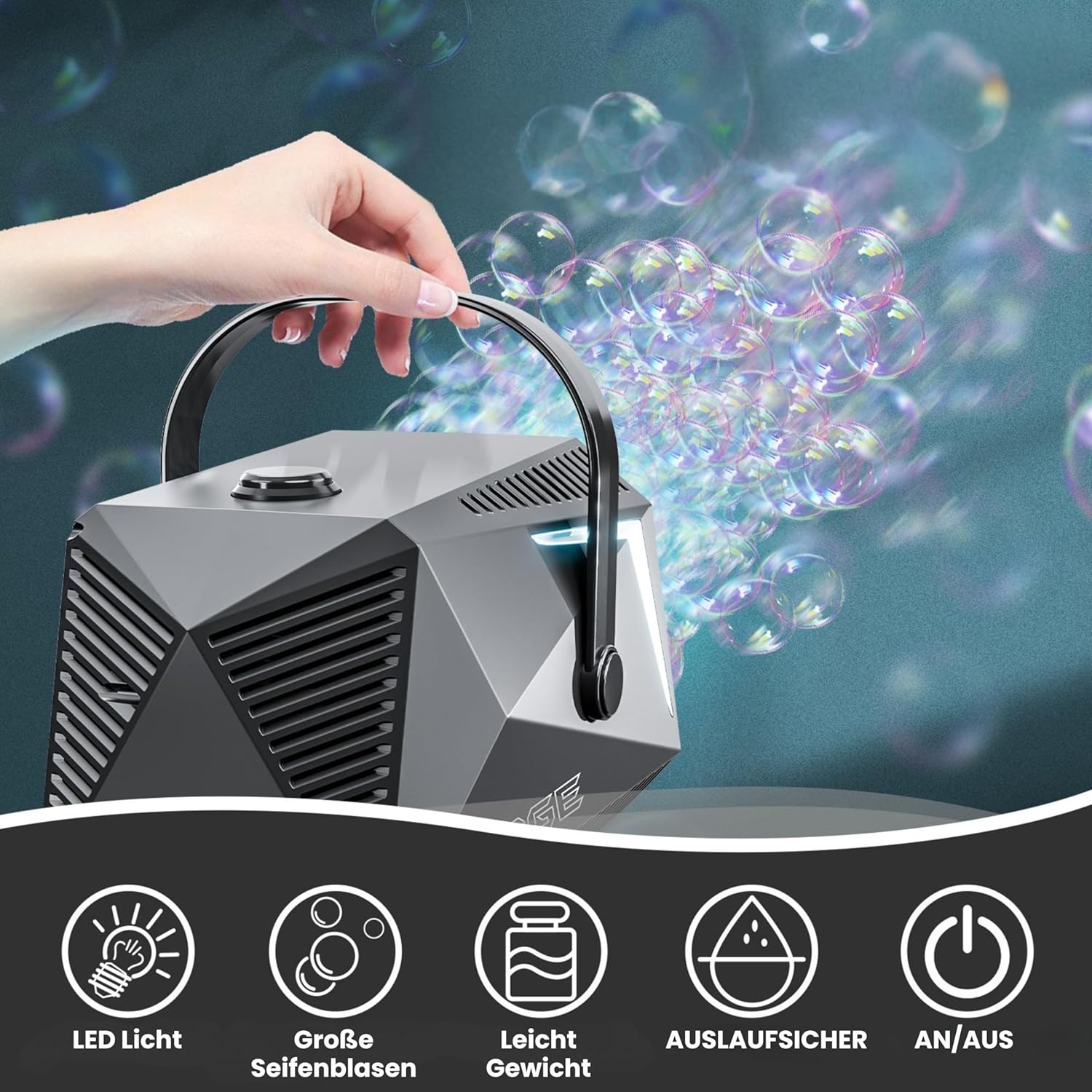 Thumbnail 6 de Blubbel LED Seifenblasenmaschine mit 1L Seifenblasenflüssigkeit – 10 Düsen, batteriebetrieben