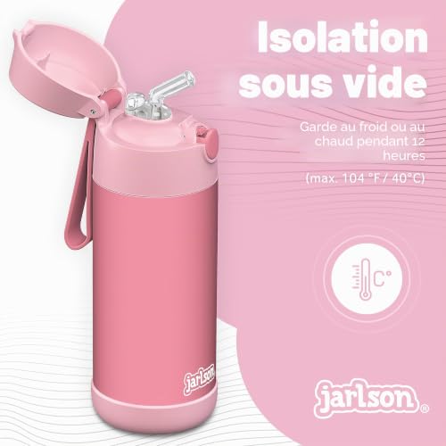 Detalle 2 de Jarlson Gourde Enfant CHARLI 350ml – Bouteille isotherme anti-fuite avec paille, Rose, inox 304