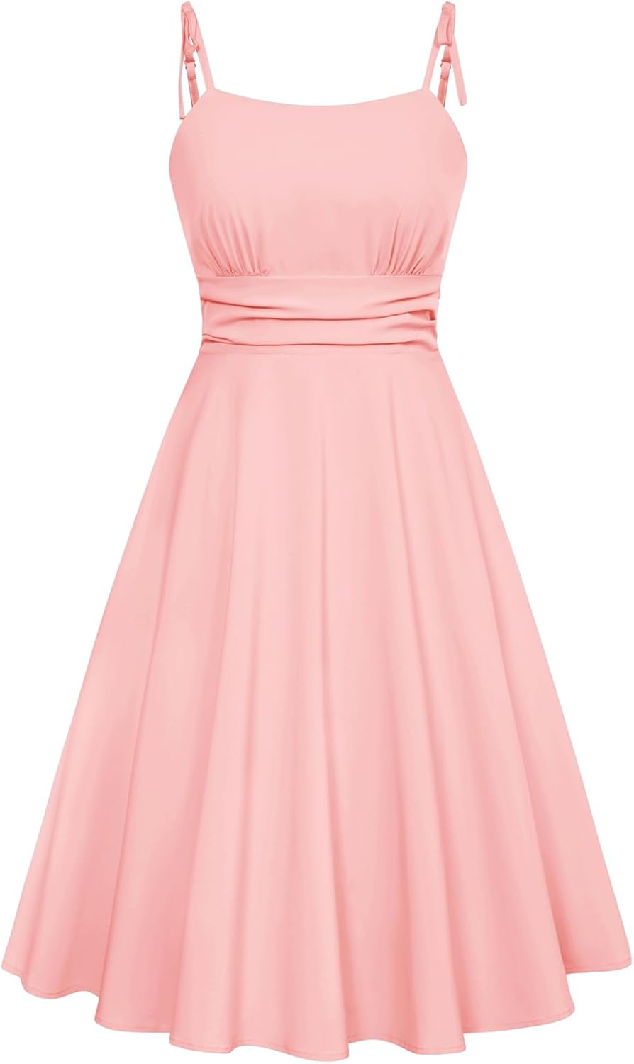 Detalle de Robe d'été Belle Poque pour femme – Robe midi à bretelles spaghetti, ligne A, poches et doublure