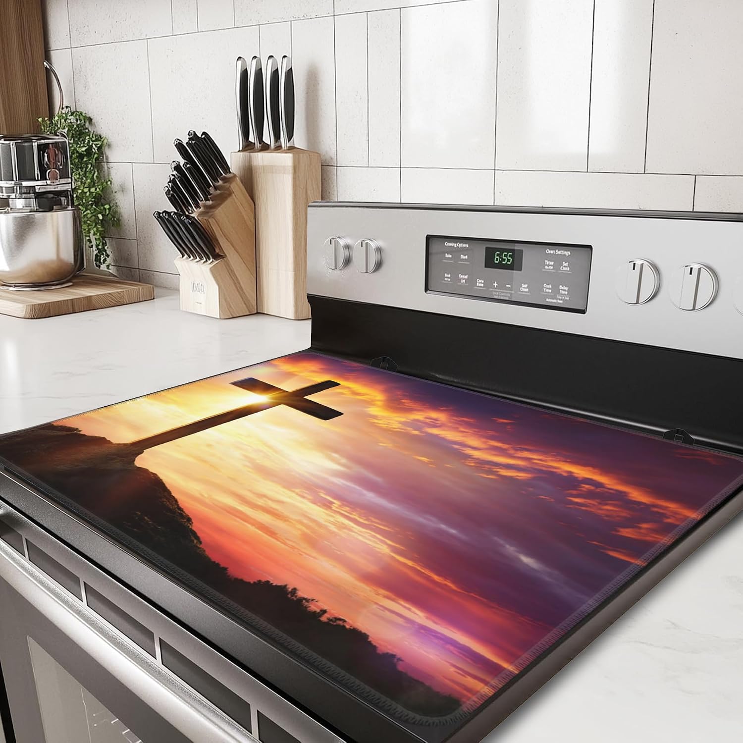Detalle de Kazxcoa Cross Sunset Glass Stove Top Cover Mat, Heat-Resistant Rubber