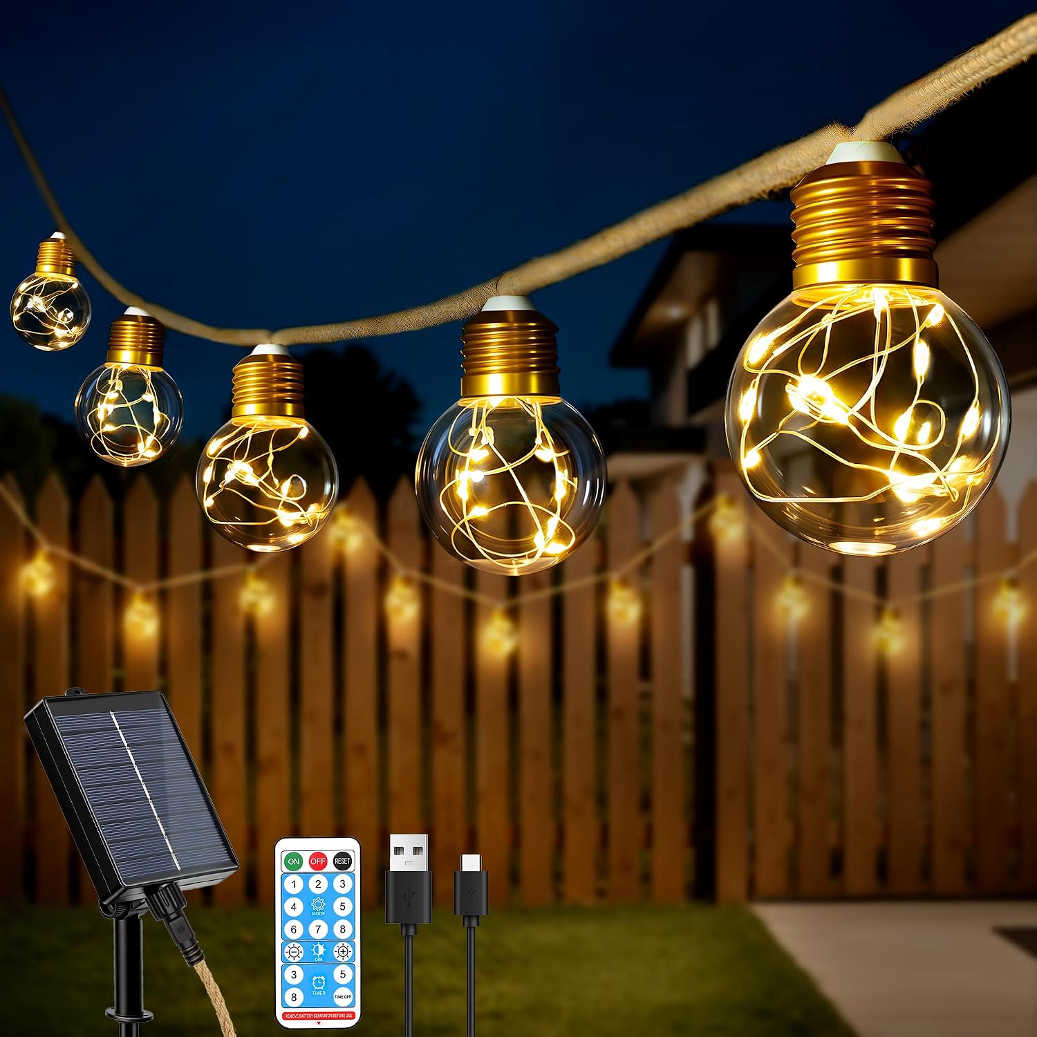 Detalle de Ollny 12M 24 Shatterproof G50 LED Solar Hemp Rope Festoon Lights with Remote