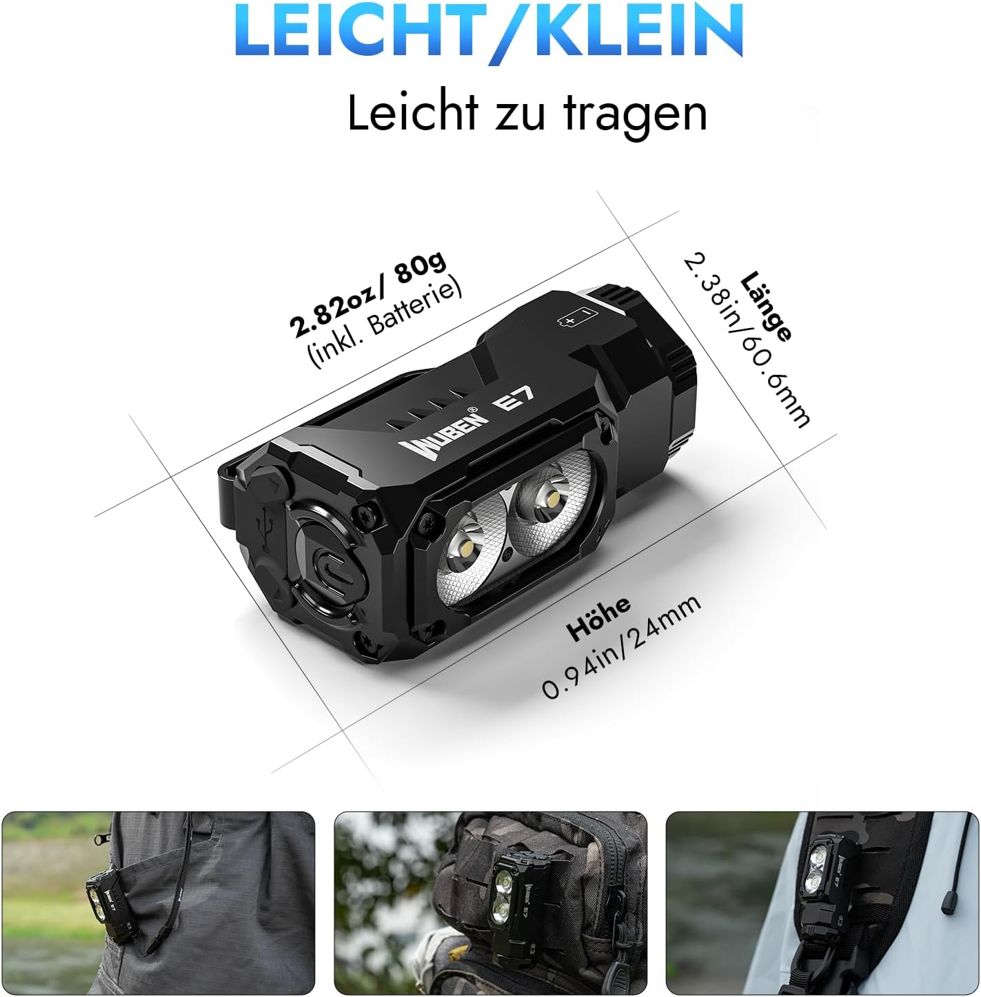 Detalle 2 de WUBEN E7 1800 lúmenes Mini linterna recargable 🔦