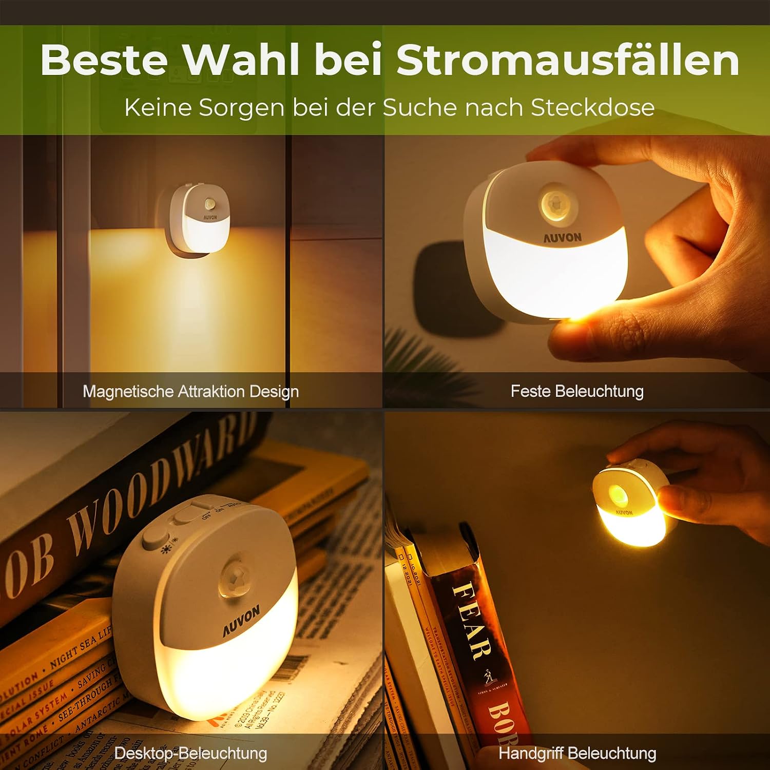 Detalle de AUVON Aufladbares Magnet-Nachtlicht, 2er-Pack – Bewegungs- und Dämmerungssensor