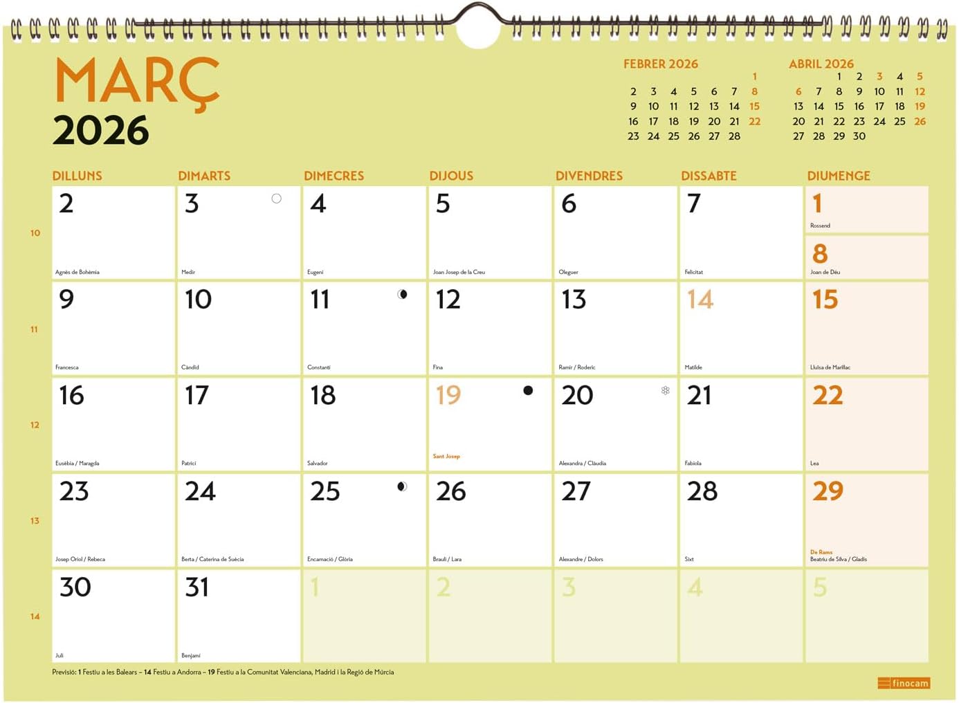 Detalle de Finocam Calendario de pared 2026 mensual