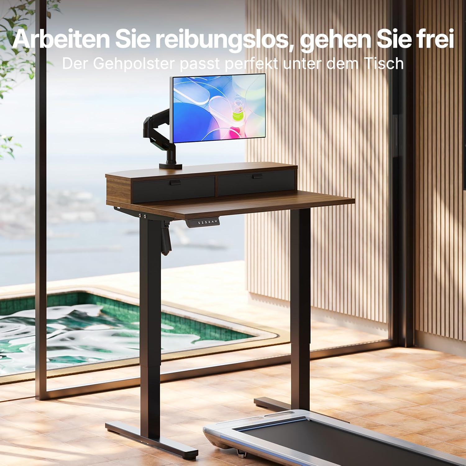 Thumbnail 2 de HUANUO Höhenverstellbarer Schreibtisch 80x53 cm mit Schubladen – 4 Gedächtnis-Höheneinstellungen, C-Klemme kompatibel