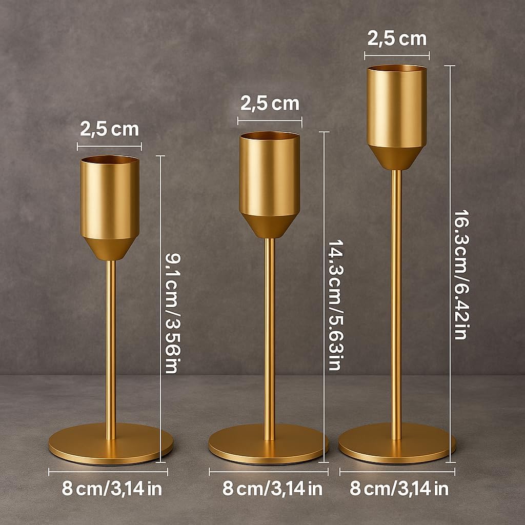 Thumbnail 2 de Alcohu 3er Set goldene Kerzenständer aus Metall für Stabkerzen (Ø 2,2 cm) – Vintage für Tisch & Kamin