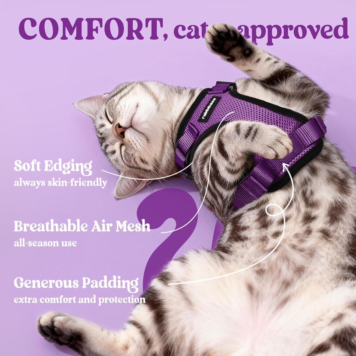 Detalle de rabbitgoo Cat Harness and Lead Set (XXS, Purple) – Escape-Proof and Reflective for Kittens and Small Cats