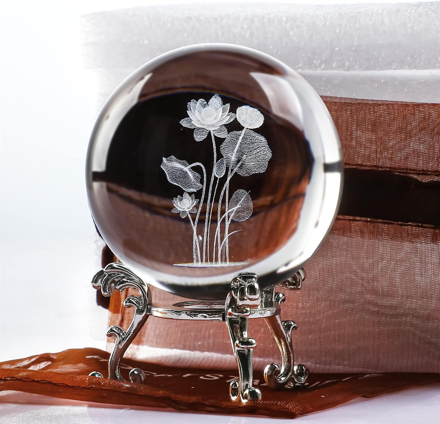 Thumbnail 3 de HDCRYSTALGIFTS 60mm 3D Lotus Flower Crystal Ball with Stand – Glass Laser Engraved Paperweight & Décor