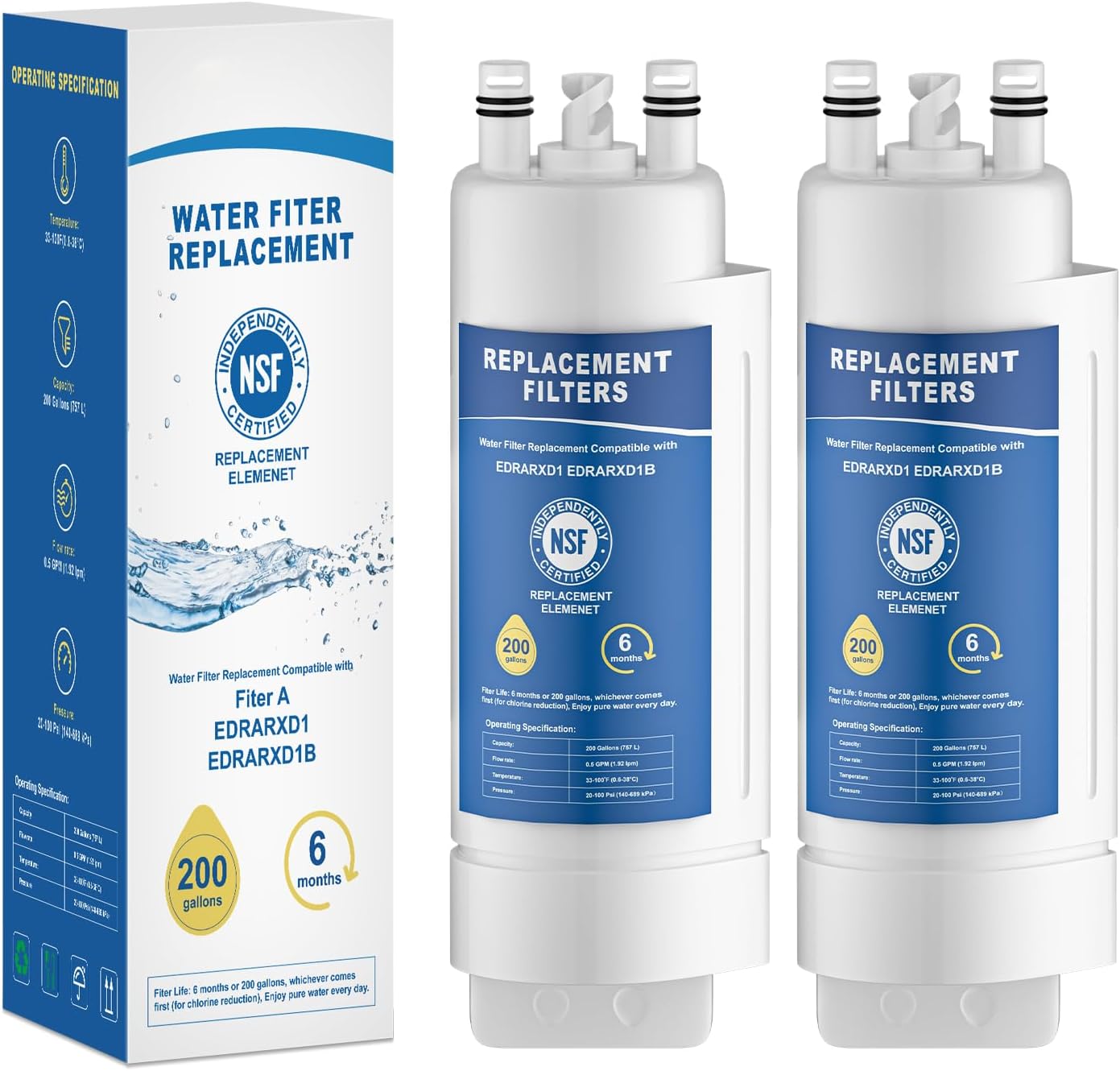 Detalle de HongVrisly EDRARXD1 Replacement Water Filter, 2-Pack with Twist-Lock Design