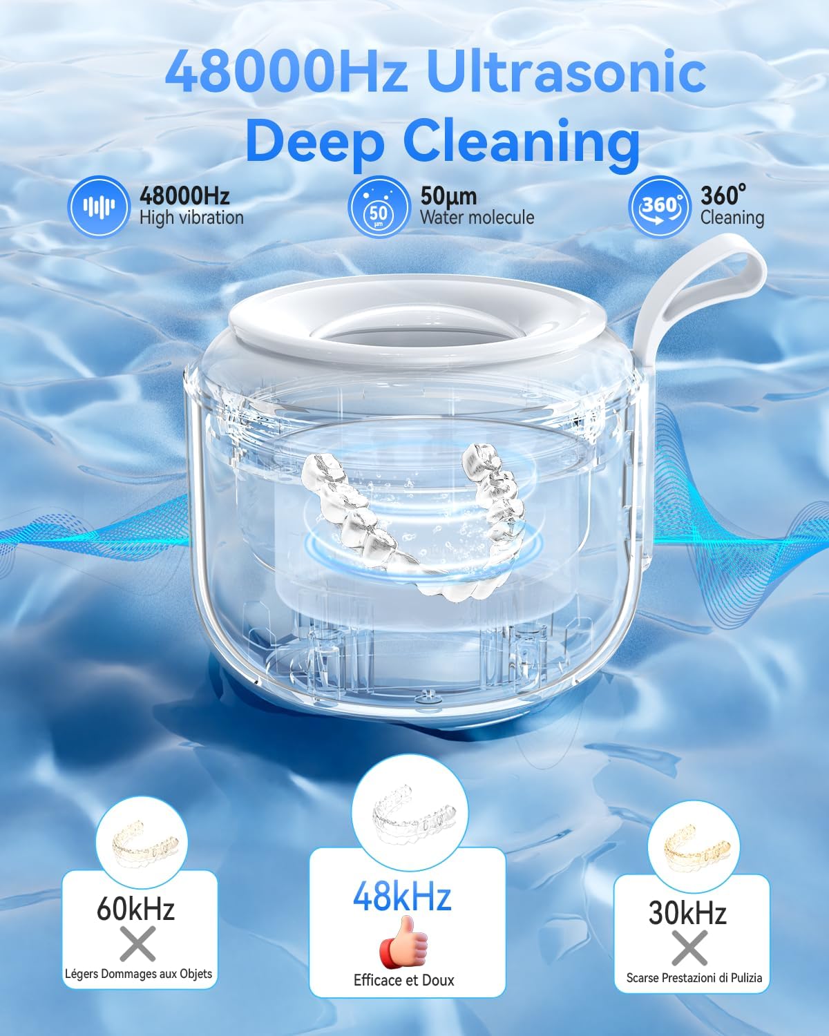 Detalle de JeaTone Ultrasonic Retainer Cleaner Machine — 48kHz, Portable 200ML