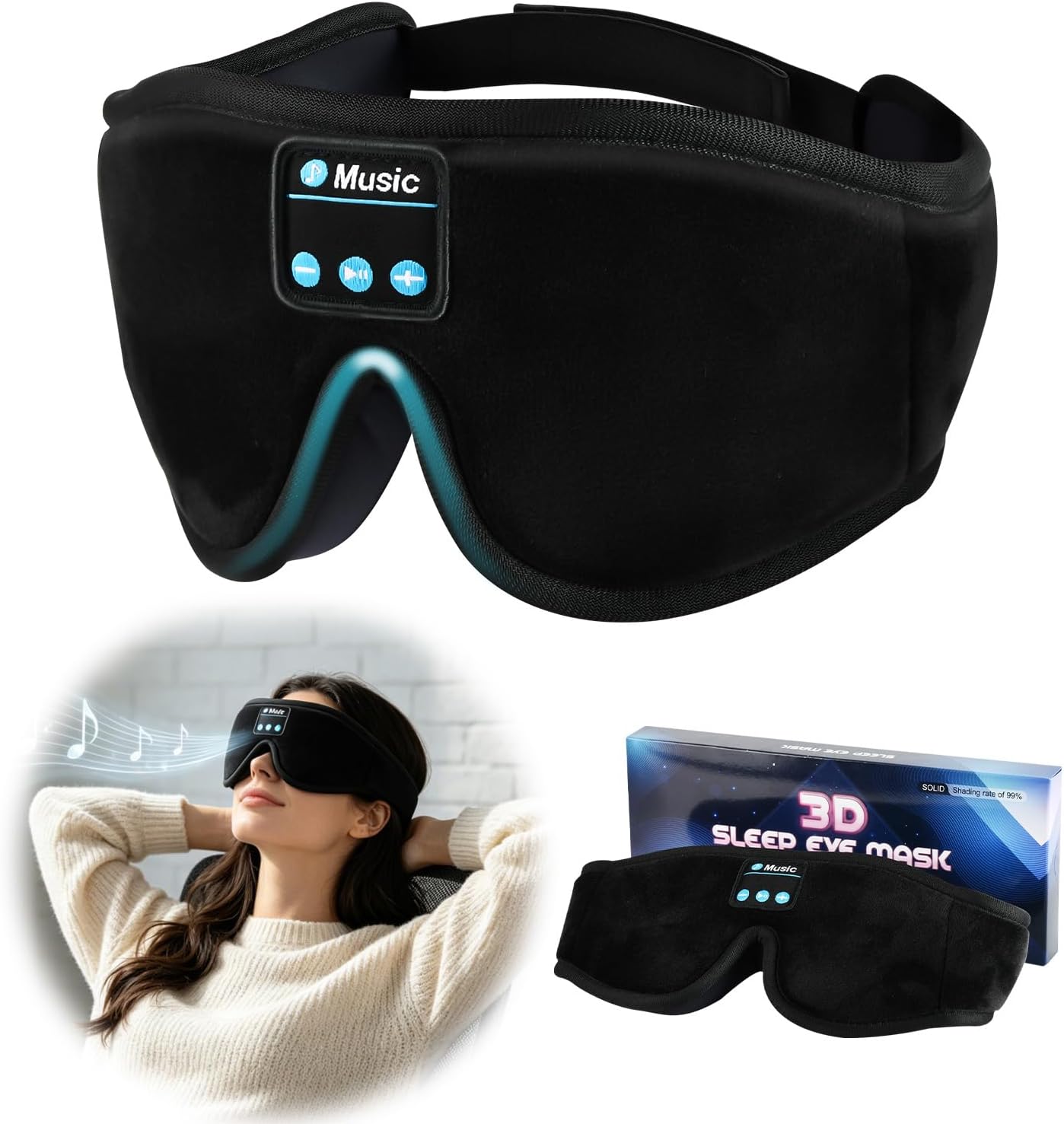 Detalle de KARFUN Eye Mask with Bluetooth Headphones (Upgraded 3D Sleep Headphones) – 14h Battery, 5.4 BT, Side Sleeper Comfort