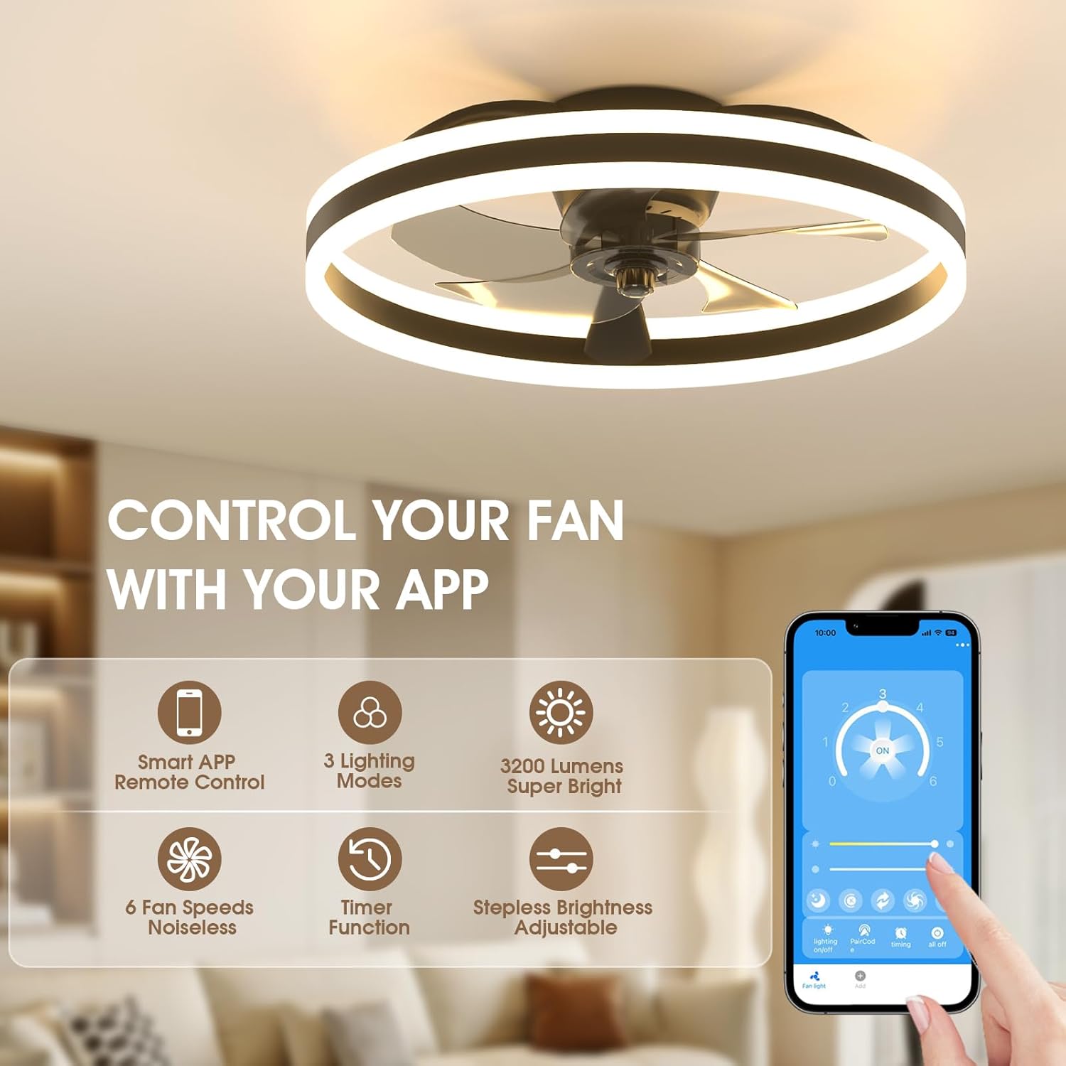 Detalle de NIORSUN 50cm ceiling fan with light 6-speed 🌬