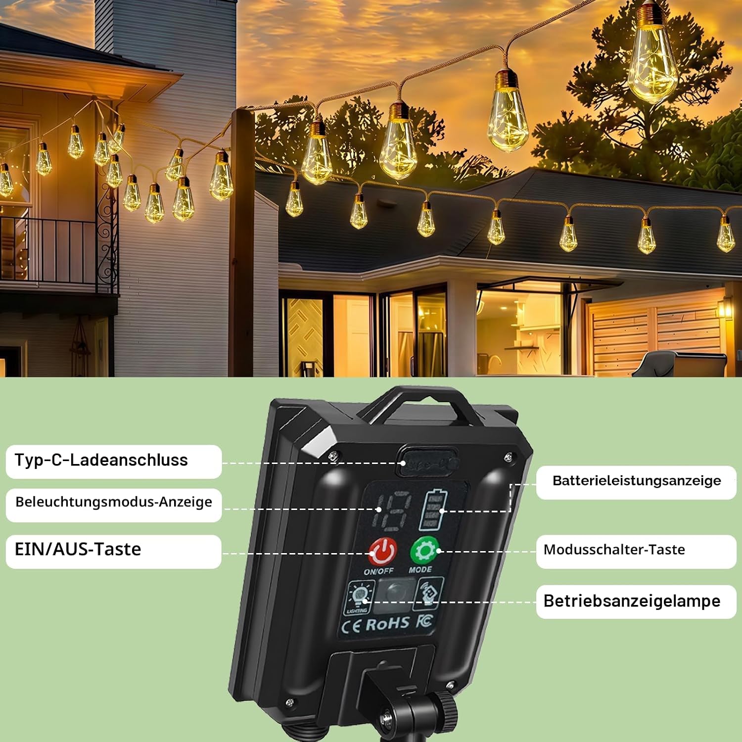 Thumbnail 3 de Giliwosy Solar Lichterkette Außen mit 16 S17 Glühbirnen – 10 m, Vintage Hanfseil, IP65, USB-Dualladung, 8 Modi