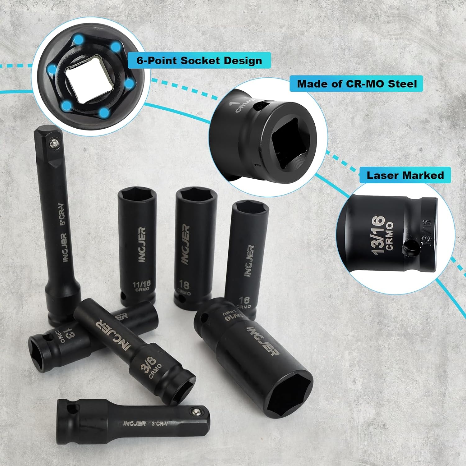 Detalle de INGJER 1/2" Drive 29-Piece Impact Socket Set (SAE + Metric) with Extension Bars