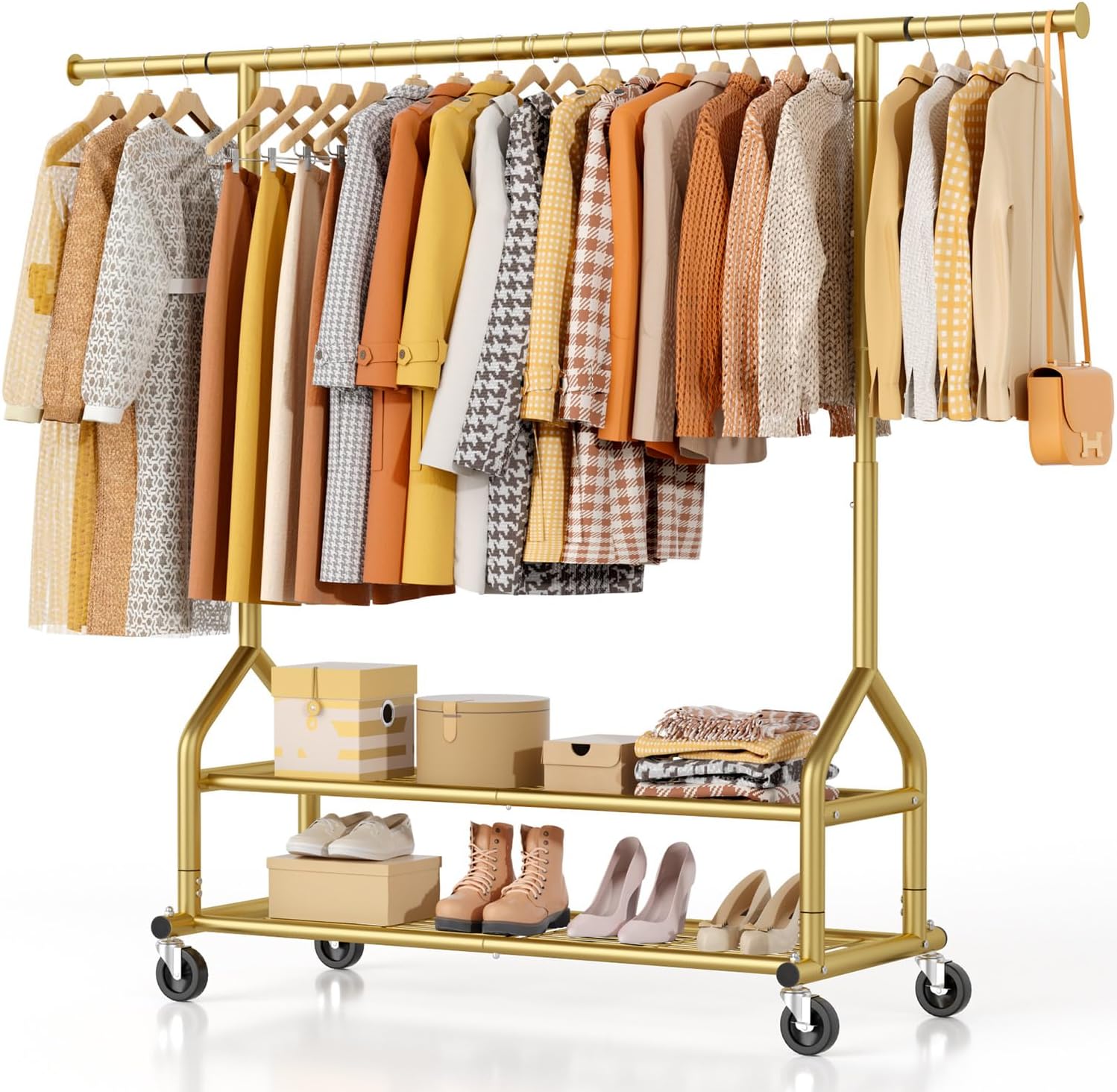 Detalle de EAGMAK UKGRP070 Heavy-Duty Clothes Rack, Gold, Adjustable Rod and 2 Shelves