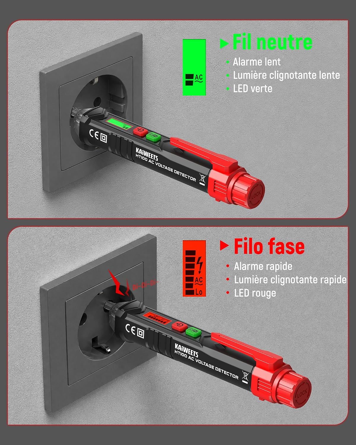 Detalle 2 de KAIWEETS HT100 Détecteur de tension 12V–1000V