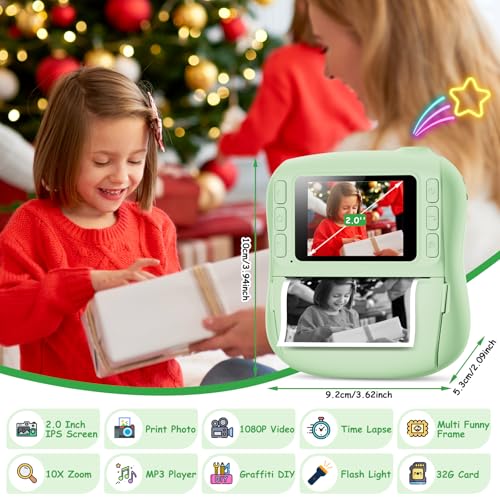 Detalle 2 de Hangrui Cámara Fotos Infantil Instantánea 1080P con Tarjeta 32GB, Papel + Bolígrafos de Colores – Verde