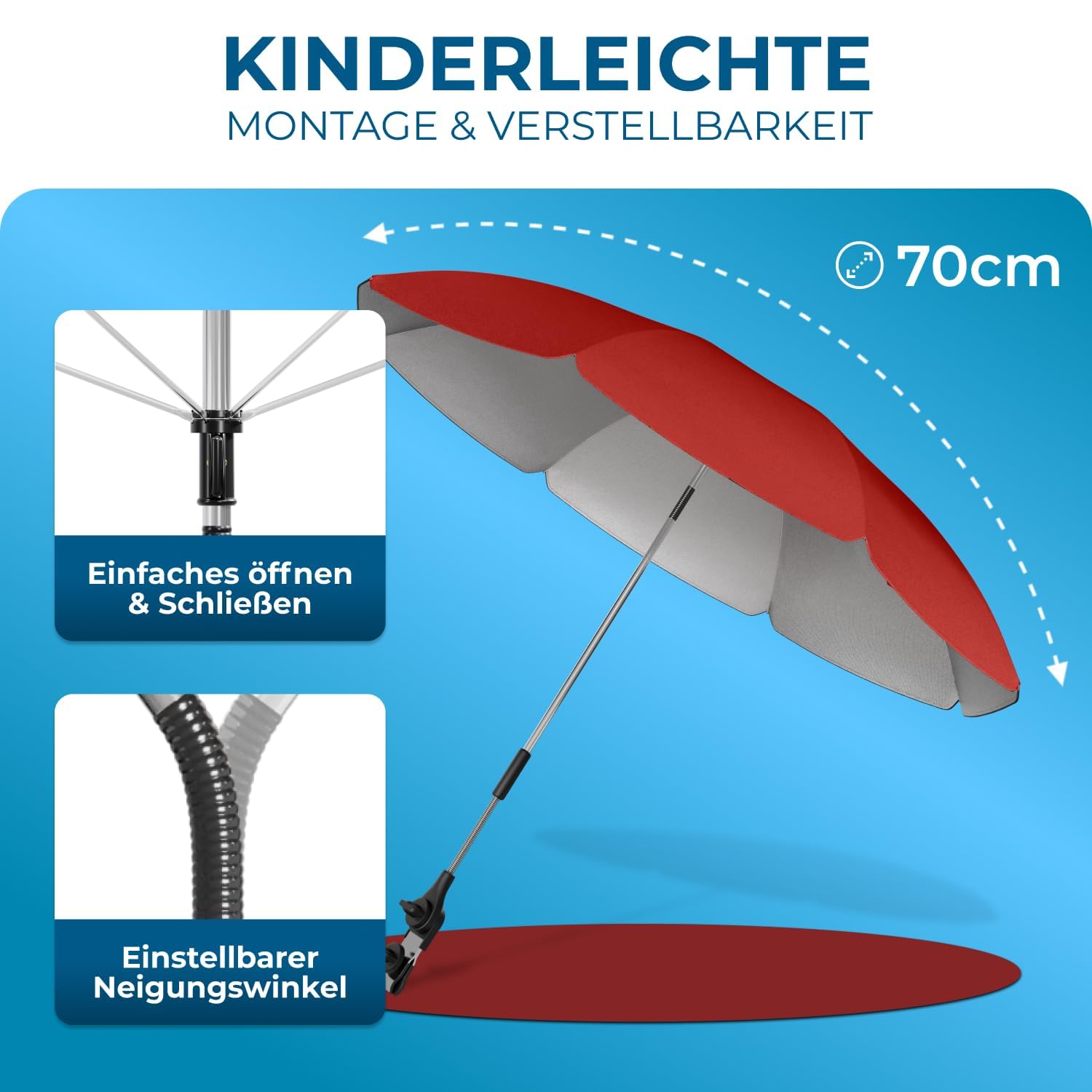 Detalle de STYNGARD Sonnenschirm für Kinderwagen UV Schutz 50+ – 70 cm Durchmesser mit Überhang, Modell ROME (Rot)