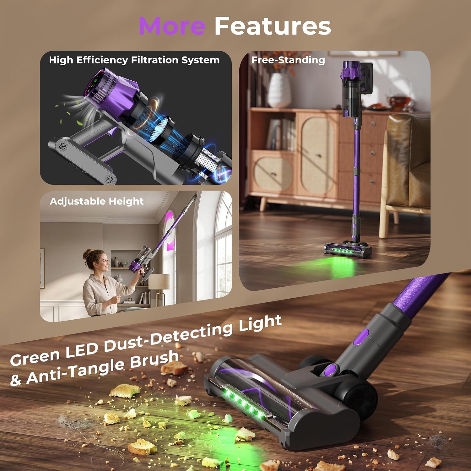 Detalle 2 de Zerinax PRV20 Cordless Stick Vacuum, 55 kPa Suction, Up to 70-Minute Runtime