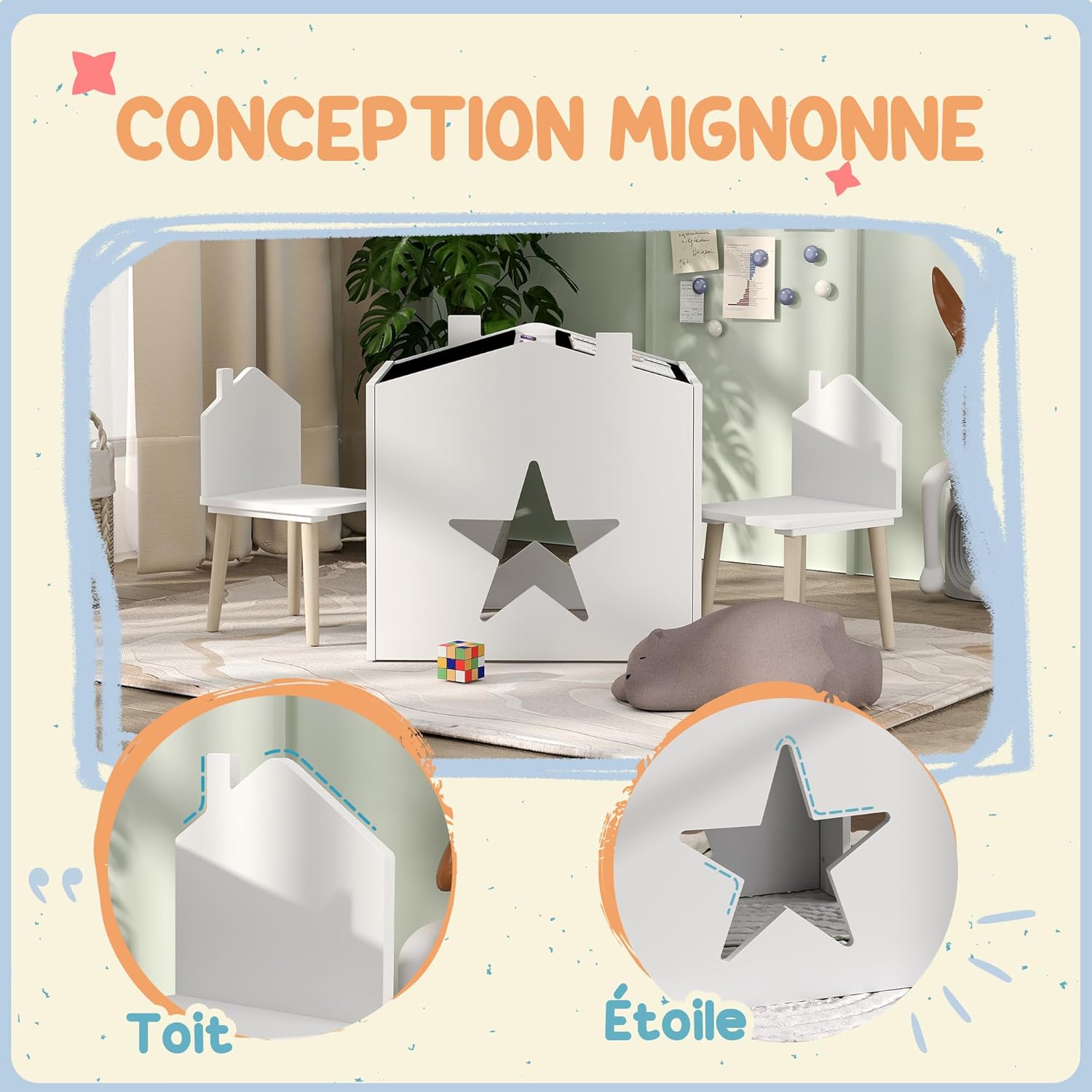 Detalle de AIYAPLAY Ensemble table et 2 chaises 3 pièces pour enfants (3 à 8 ans) avec plateau tableau noir, blanc