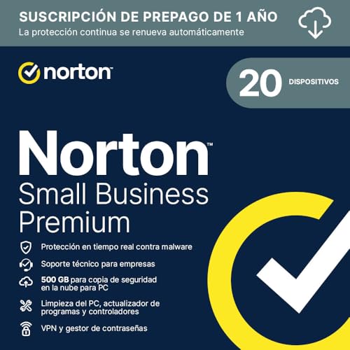 Detalle de Norton Small Business Premium para 20 dispositivos (12 meses) — protección integral y copias de seguridad en la nube