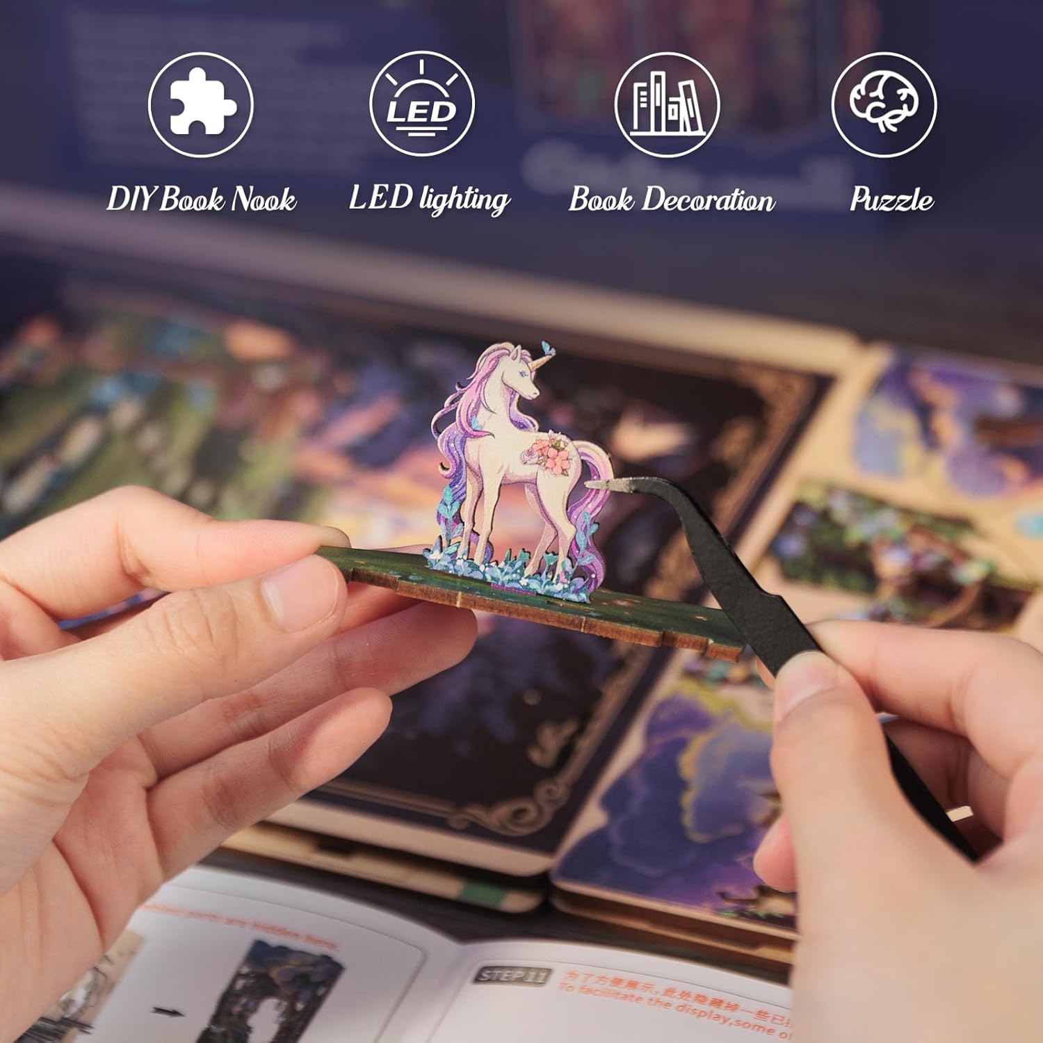 Detalle de Cutefun Book Nook Kit – Forest Unicorn DIY Miniature with LED Light
