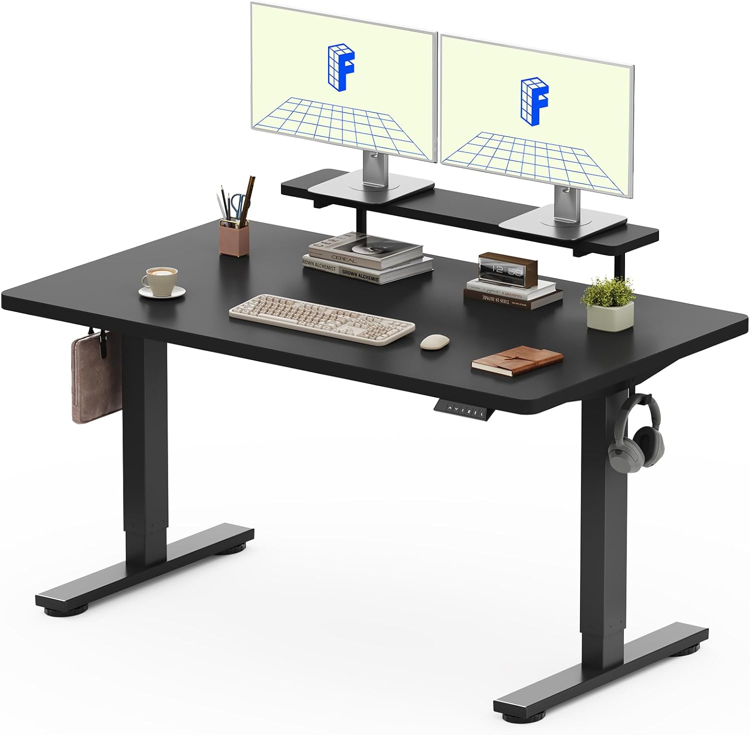 Detalle de FLEXISPOT Bureau Assis-Debout 140x60 cm avec Rehausseur d’Écran, Rangement et Mémoire – Noir